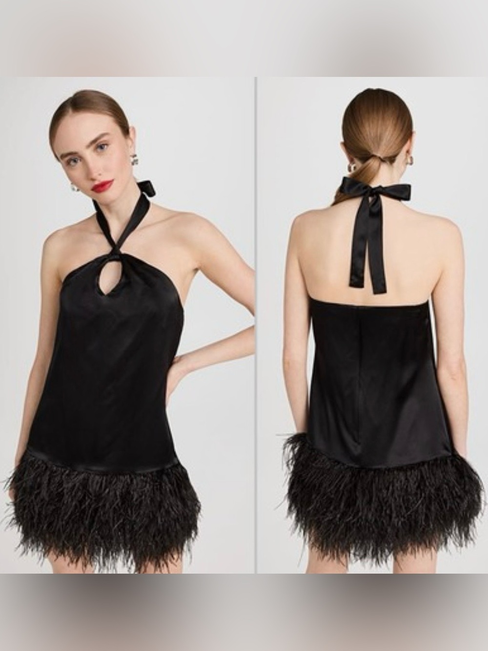 Cinq a Sept Black Barb Dress - Silk Halter Mini with Ostrich Feather Hem
